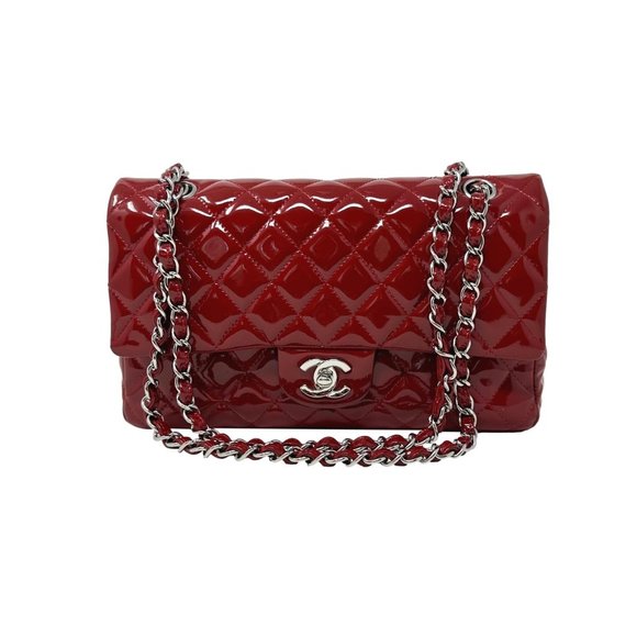 CHANEL Cherry Red Patent Leather Medium Classic Double Flap SHW - Picture 3 of 12
